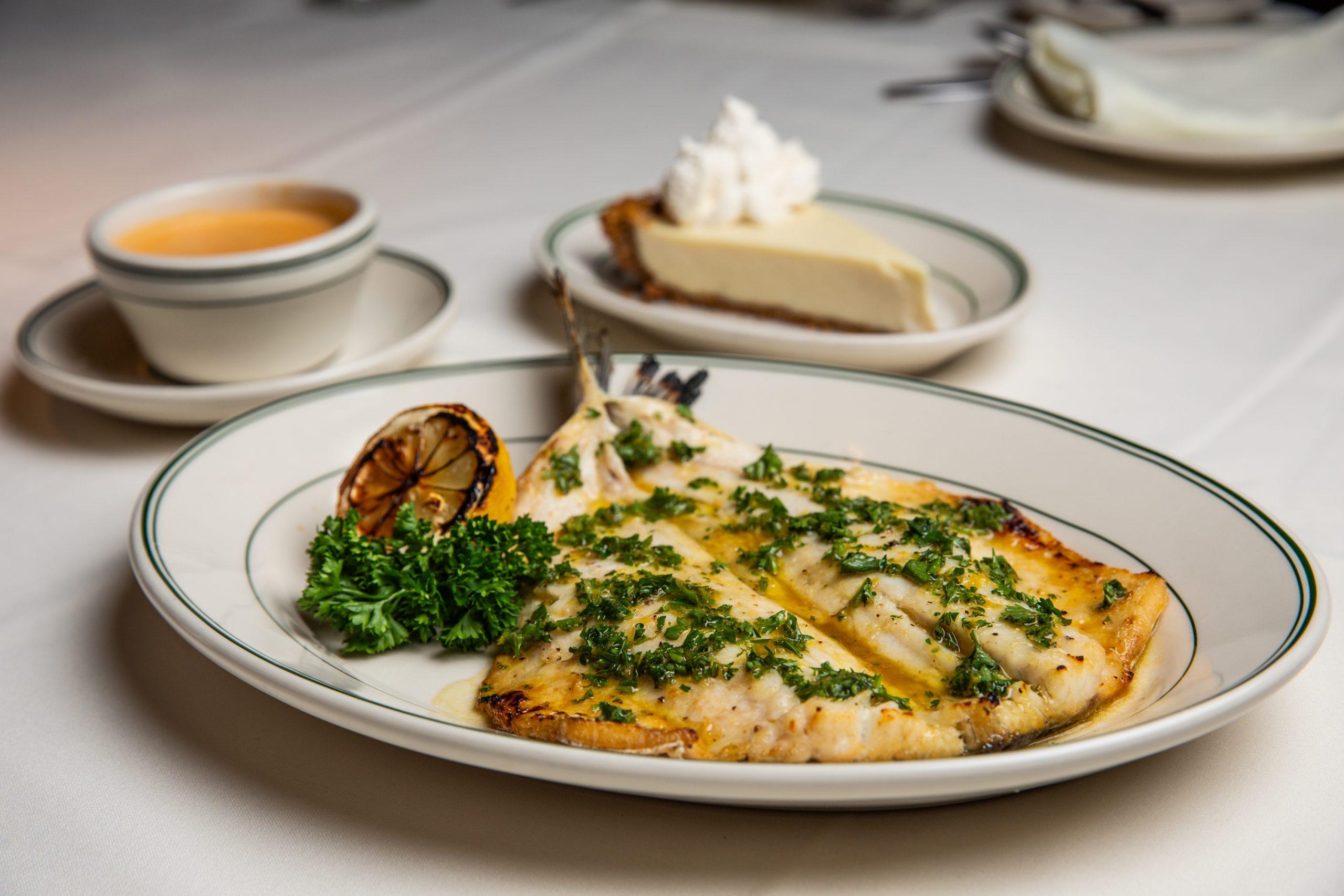 joes branzino with bisque and key lime pie in the back